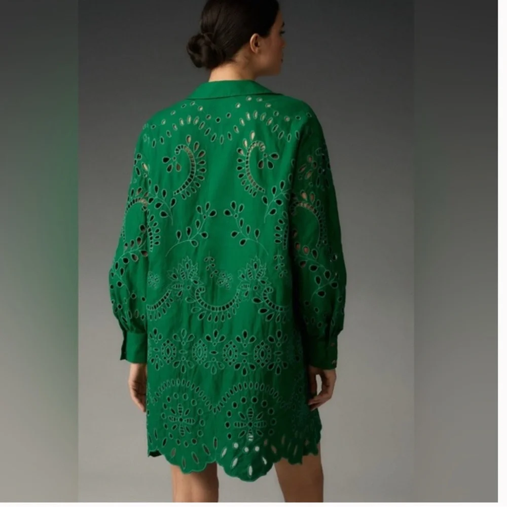 Anthropologie Green Eyelet Dress with slip dress - Picture 3 of 8